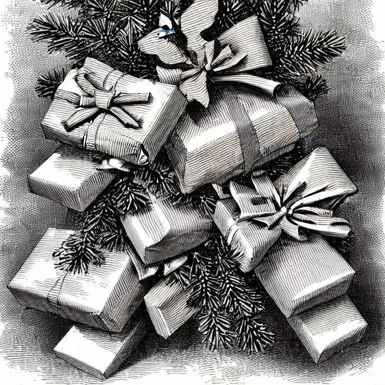 packages with bows and a decorated pine tree for Christmas by Thomas Nast light color for shading