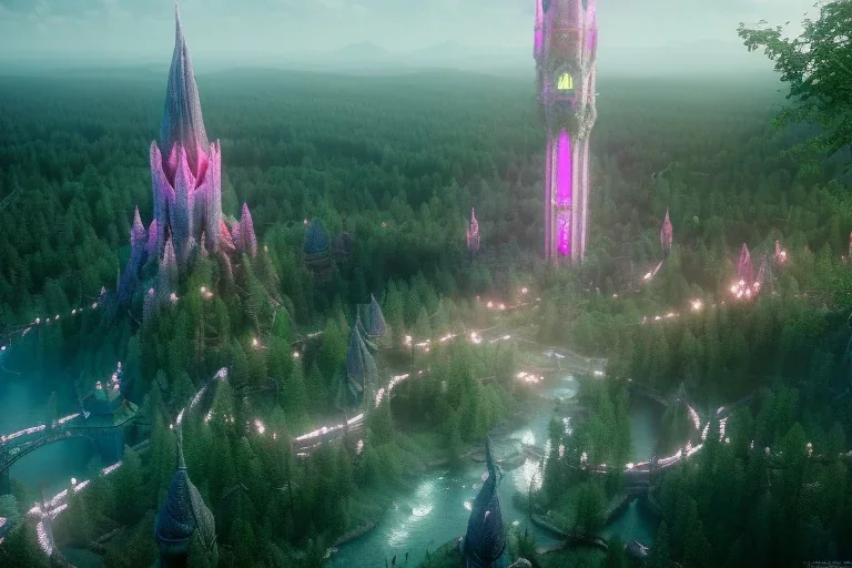 Magical fantasy elven town city tower forest rivendell tree flower pink green yellow beautiful nature river 4k full hd