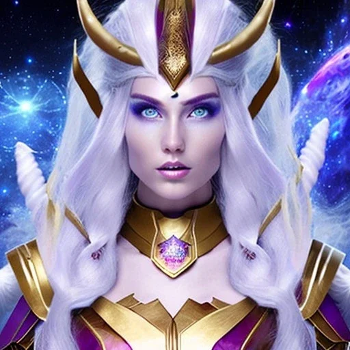 cosmic mage, elf, female, battle mage, epic, cosmic magic, long ears, white hair, face details, pale skin, jewellery, broad shoulders, sharp ears, cosmic clothes, cosmic eyes, ears shown, light out of eyes, the cosmos in eyes, stars in eyes, shining eyes, non human face, thin face, animation, detailed ears, magical eyes, non realistic, closed mouth