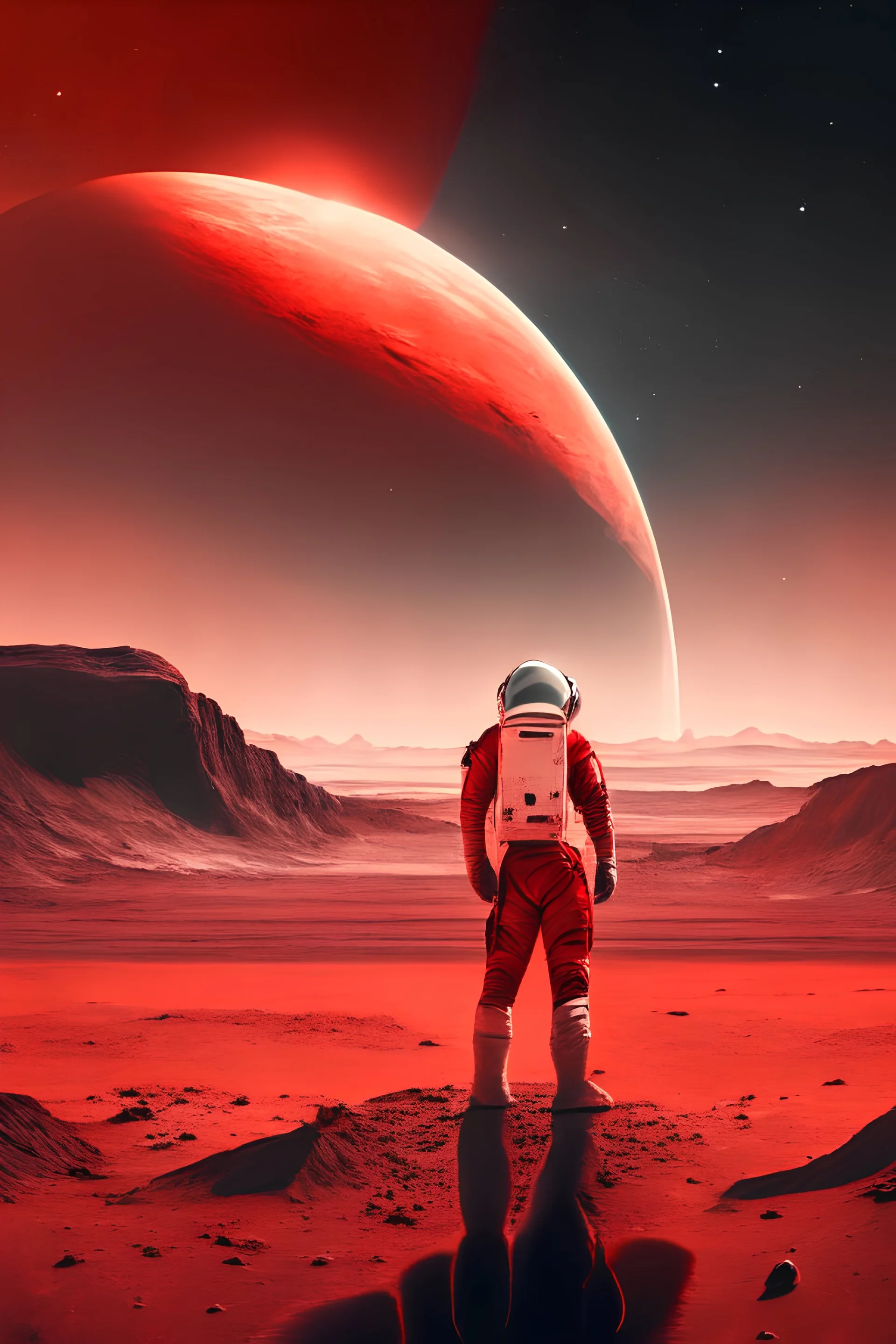 A photorealistic depiction of an astronaut standing on the surface of Mars, gazing upon a majestic Earthrise, with the red Martian landscape stretching into the horizon and dramatic lighting emphasizing the contrast between the two worlds.