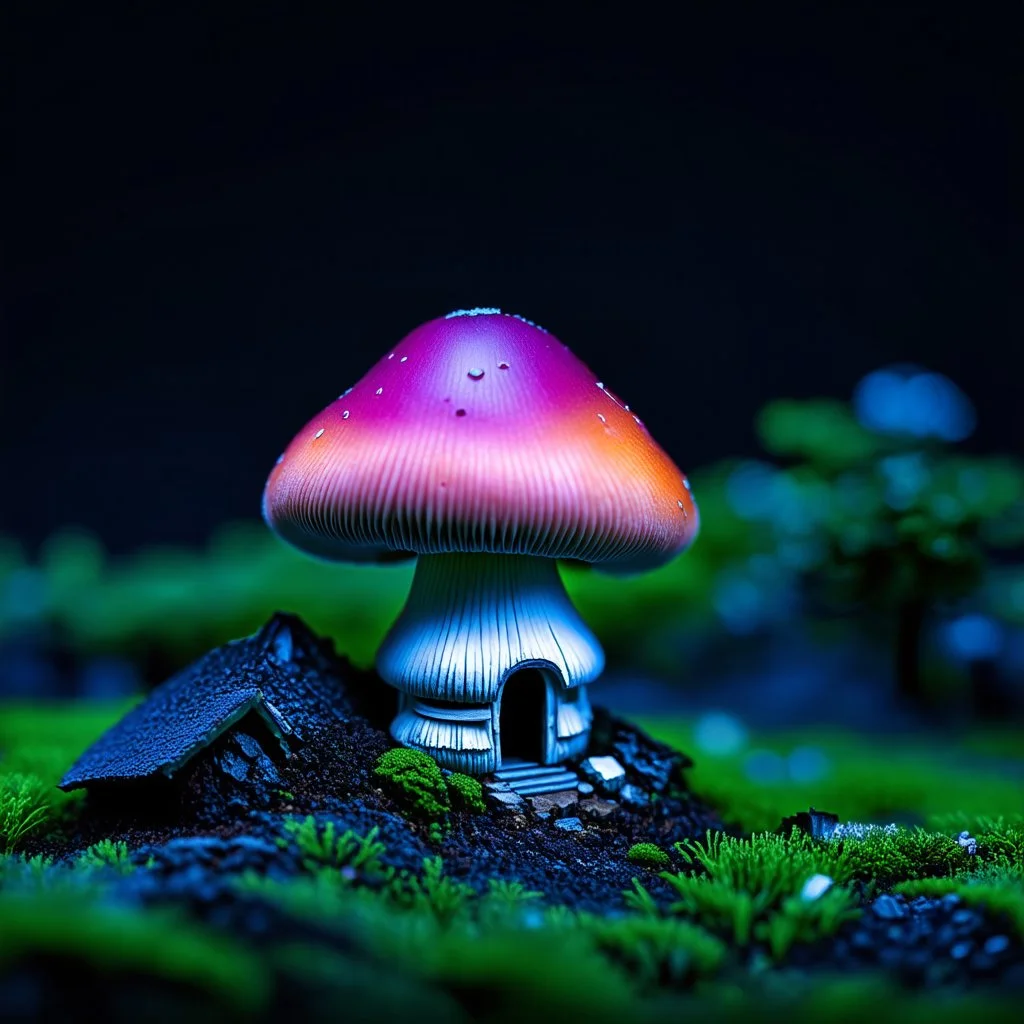 "Close up of a wonderful tiny Mushroom Tower home. Magenta and orange with bright white, deep black and contrasting tones of gray magenta and violet colors. Illuminated bioluminescent forest. Professional painter, master at composition. small but detailed. broken, blurred background, voluminous lighting"