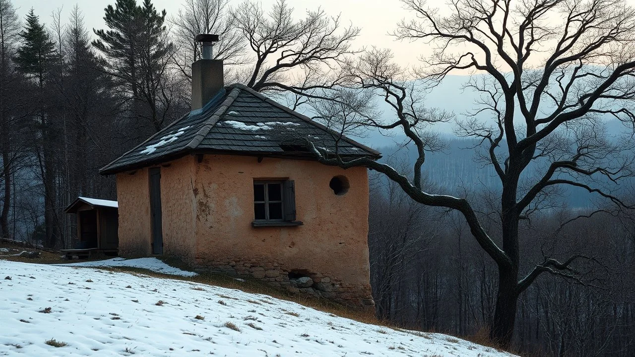 a lonely old adobe hut with a small window, a crumbling roof, an old chimney stands on a hill, next to it is a small woodshed by the wall, and an old withered tree leans over the hut, the hut stands on the edge of a European forest, winter, snowy landscape, low light, dawn, high detailed, sharp focus, high realistic, perfect photo