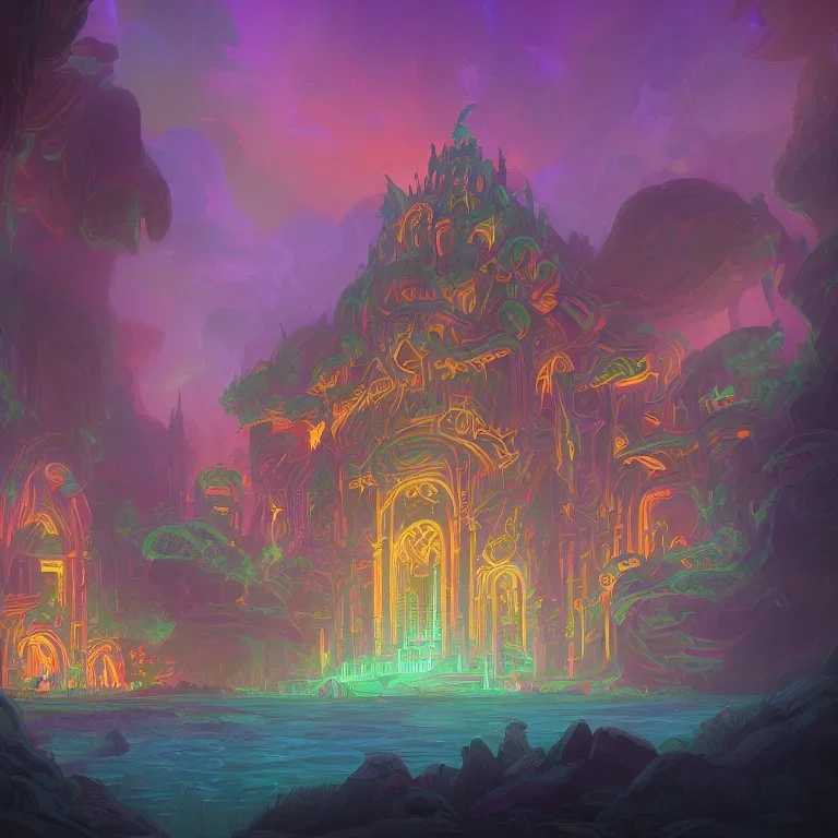 A large and ancient temple made of glowing fire and lava in the middle of a beautiful and large lake full of mermaids with beautiful rainbow-colored tails in the middle of a thick and green forest and surrounded by tall and sturdy trees, complete painting elements And with fine and detailed details, neon color and happy colors, crescent moon and many stars in the sky, painting view from afar, full HD, 8K, 16K, 24K