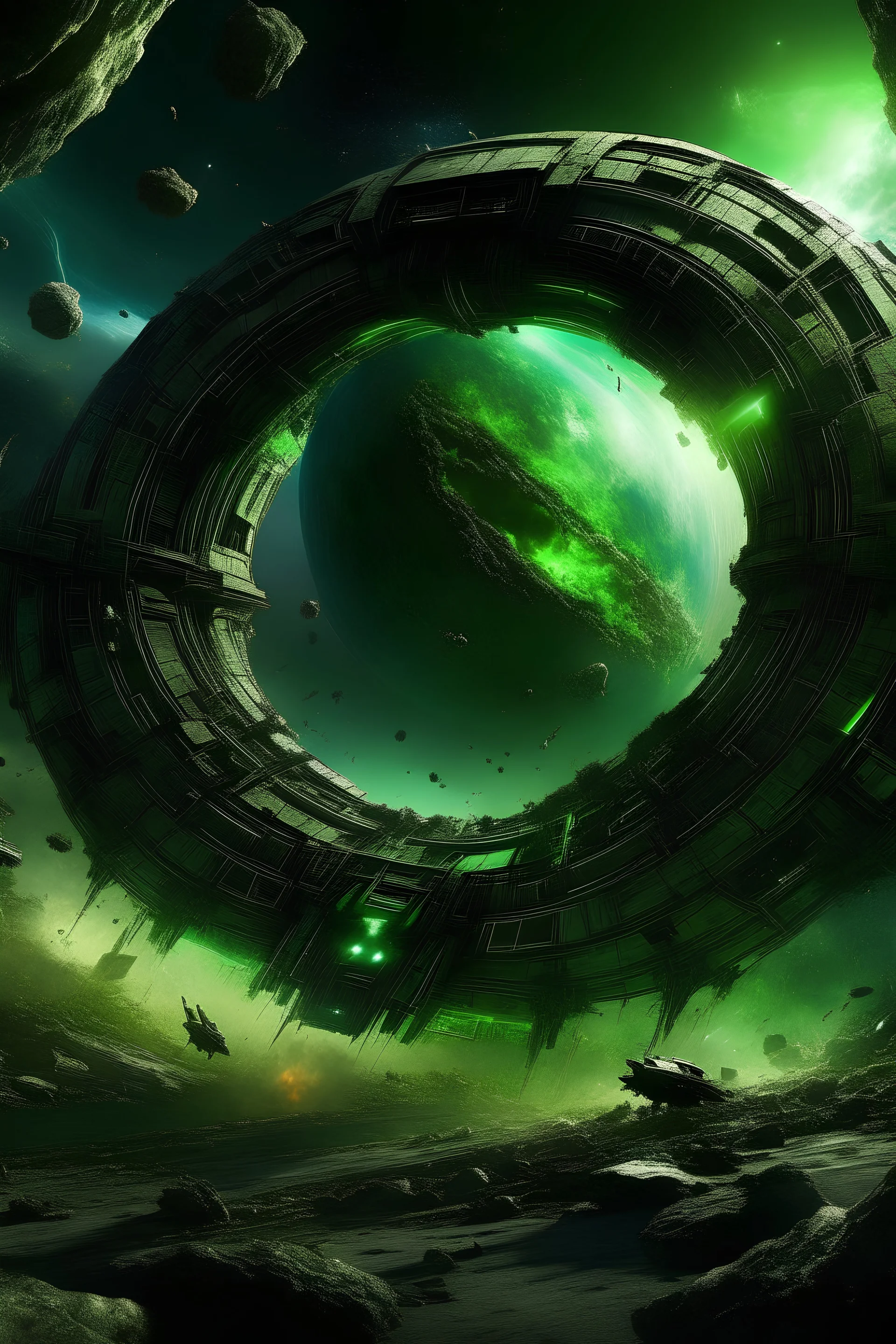 Huge Space war with a huge green portal in the middle with a destroyed planet