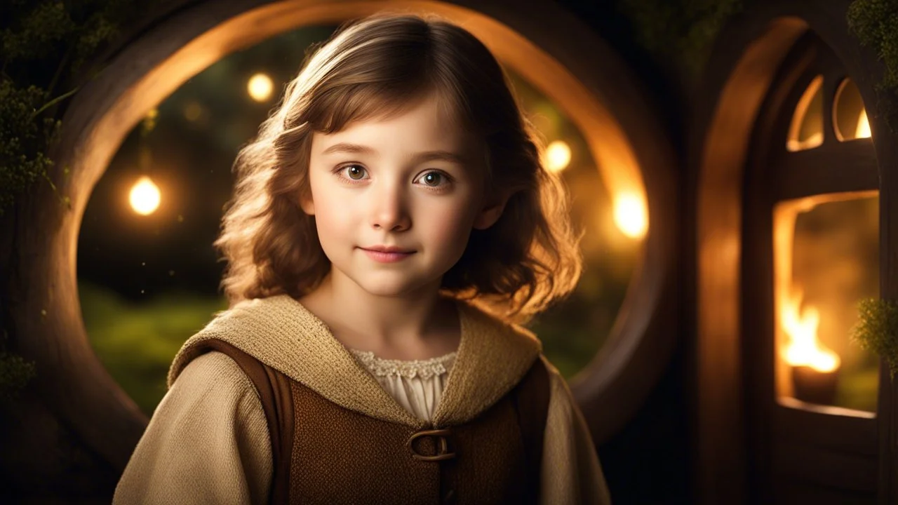 little young hobbit girl, beautiful, confident, calm, wise, happy, innocent, facing camera, head and shoulders, hobbit clothing, perfect eyes, Tolkien landcape, hobbit homes with circular windows and doors, night scene, stars, fireflies, 16k artistic photography, exquisite composition, photorealistic concept art, soft natural volumetric light, chiaroscuro, award-winning photograph, masterpiece, style William-Adolphe Bouguereau