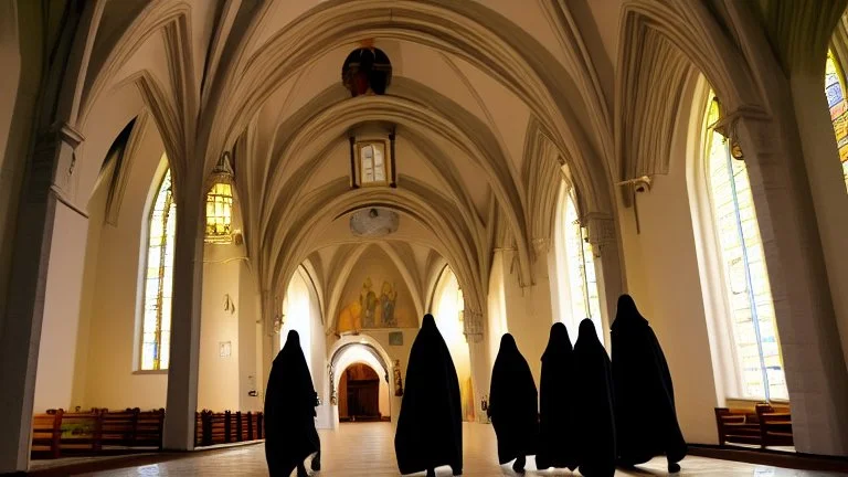 Black robed, hooded monks in the church