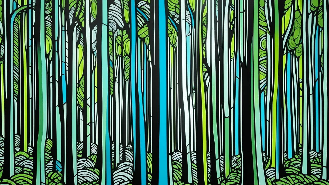 A mint colored forest with warped trees designed in pacific Northwest totem poles painted by Roy Lichtenstein