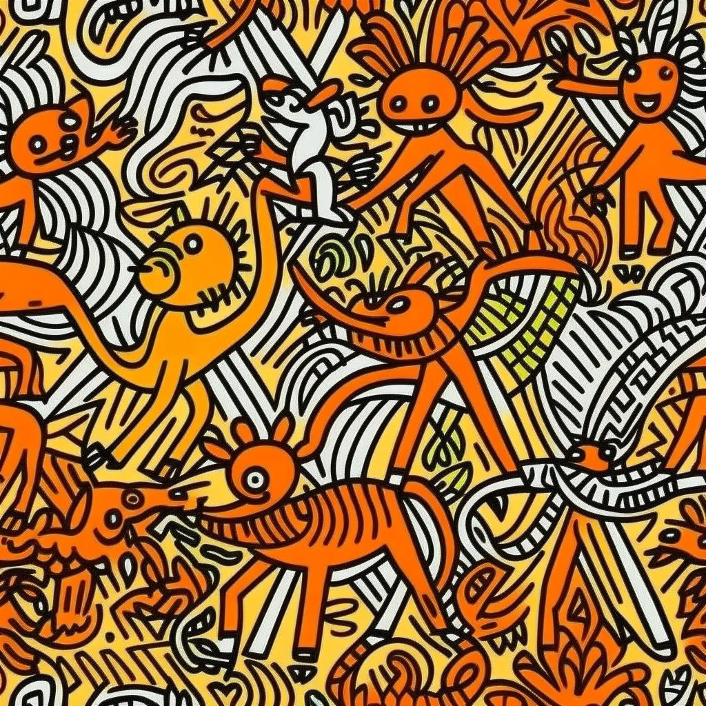 A light rosy orange savanna with animals painted by Keith Haring