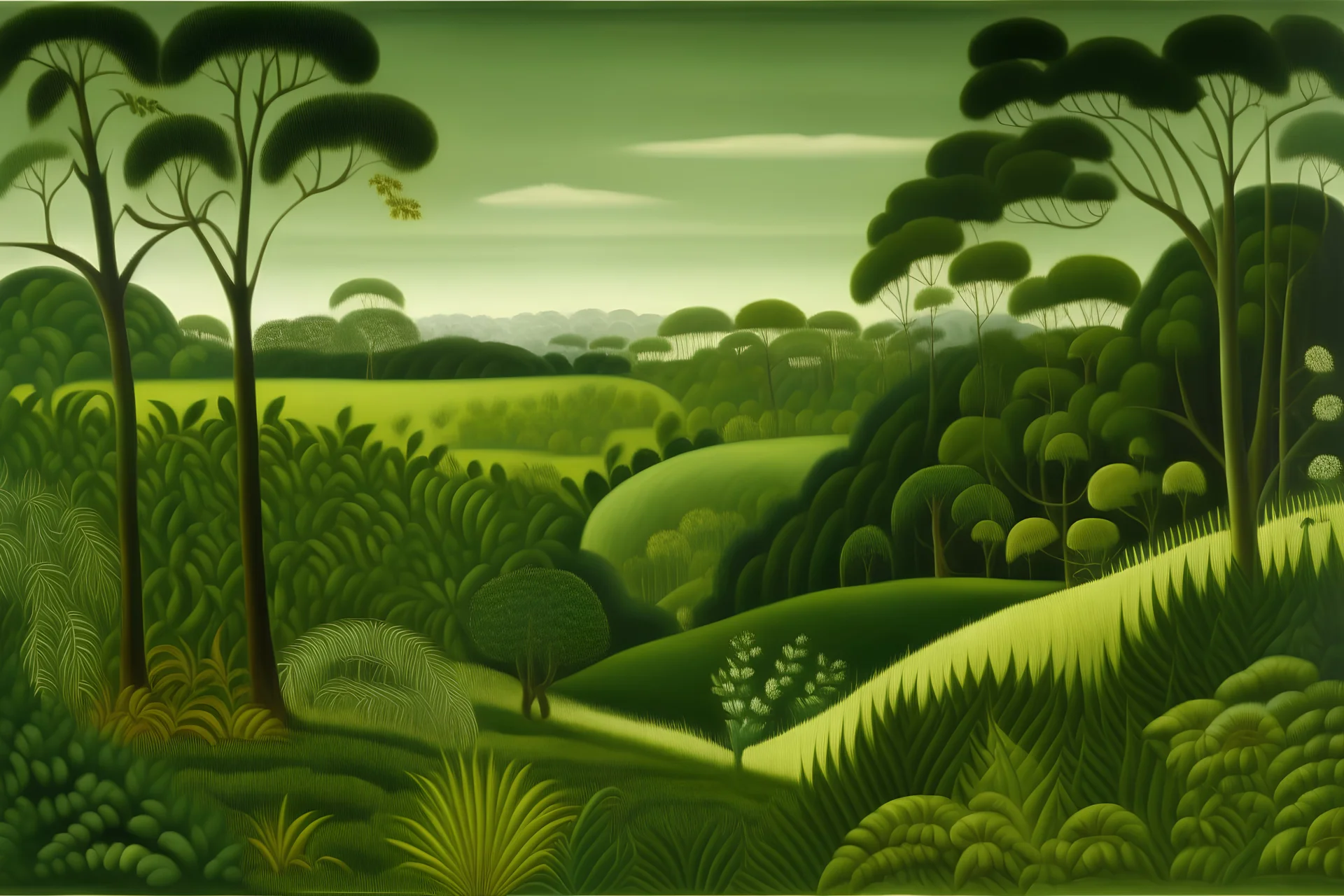 A green plain near a jungle painted by Henri Rousseau