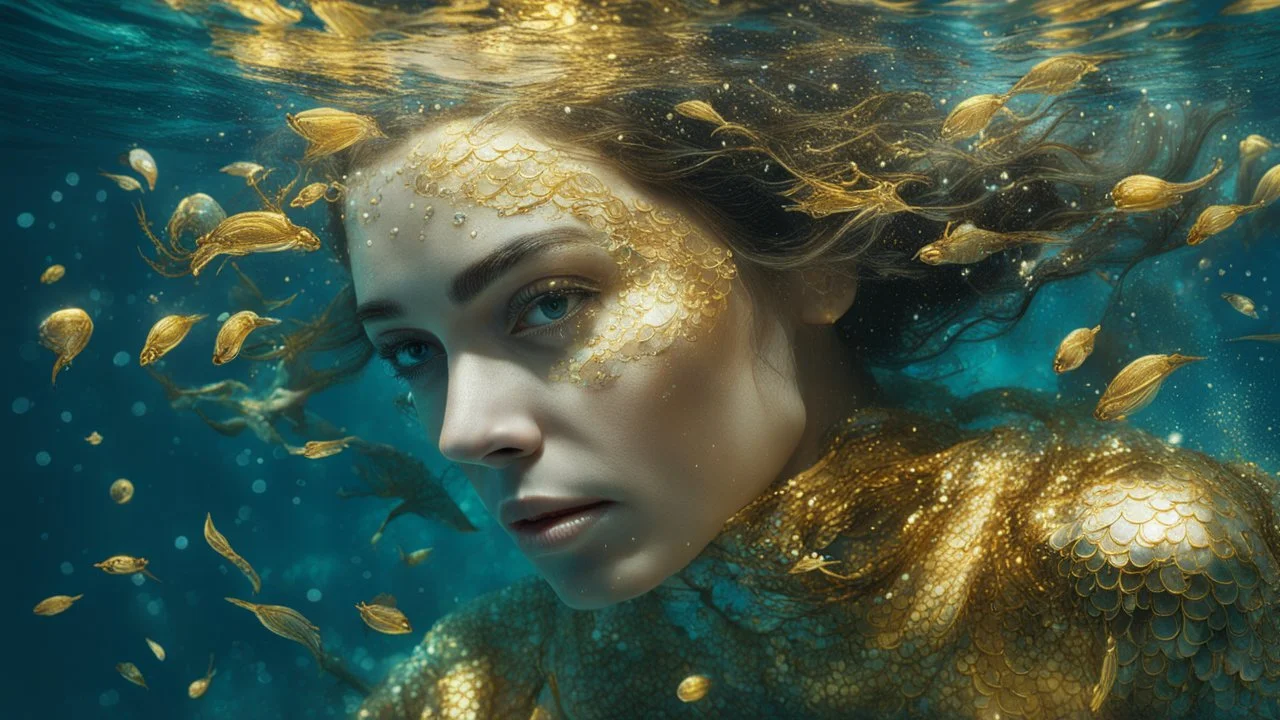 woman underwater, beautiful eyes, dancing underwater, gold, scales, double exposure, highlights, sparkles, clear lines, detail, fine rendering, high resolution, 64K, photorealism, precise focus, digital painting,