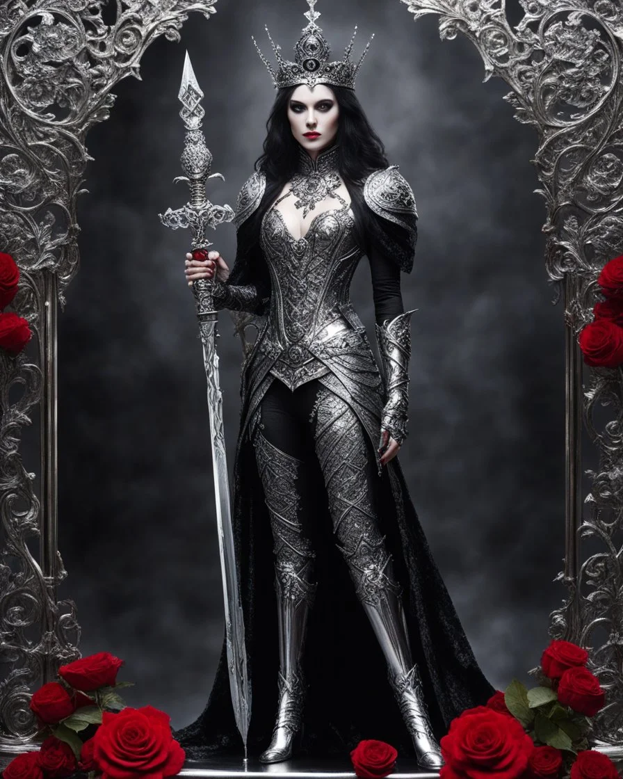 Queen and Sword - Beautiful Gothic Queen Vampire,length image angle distance dystopian hold the wonderfully stainless steel bright shine shiny metal craft standing pose luxury king engrave sword,sorrounded roses flowers background