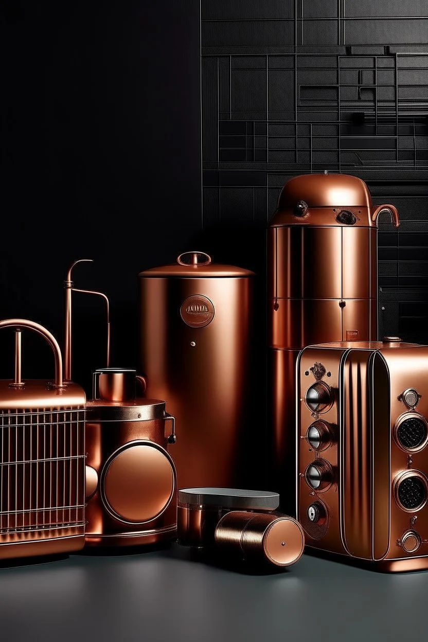 Please produce a picture of electrical appliances used in homes inspired by copper, which should be a fresh photo and for the cover of a poster. Please, it should be kitchen electrical appliances.