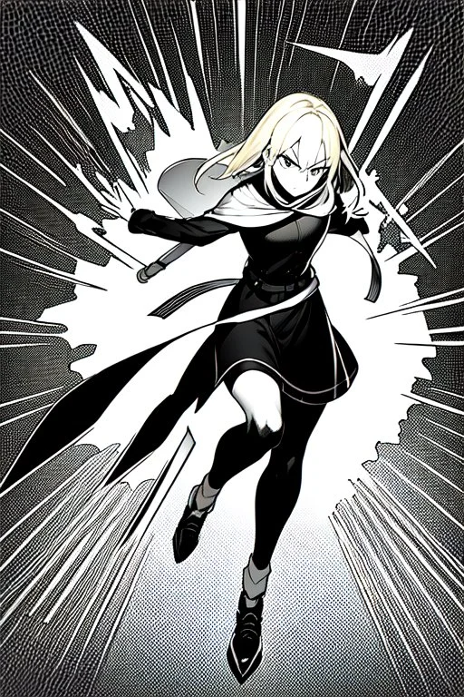 angry blonde girl, pose, full body, greyscale