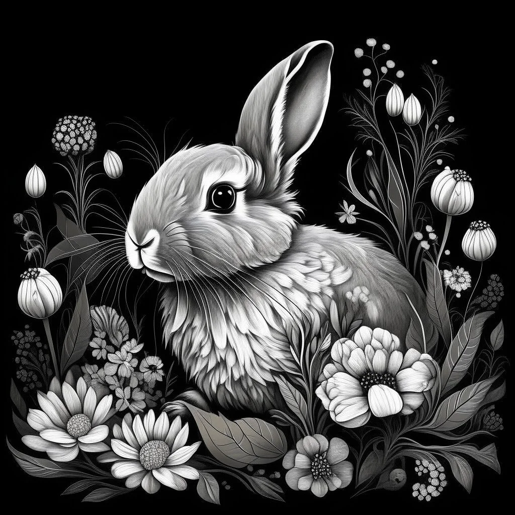 colorless rabbit between seeds and big flowers black background .black and white colors. for a coloring. with grayscale