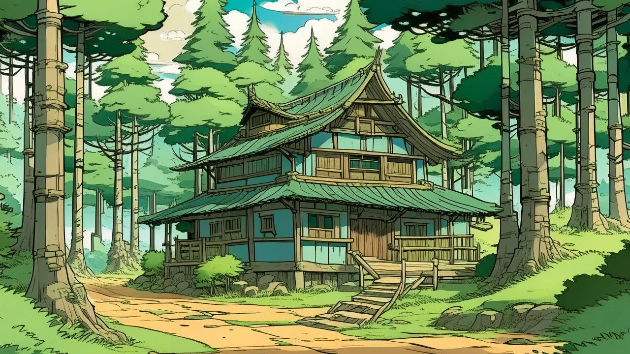 comic style, Ghibli style a small fairytale japanese country cottage at the end of a dirt road, surrounded by very tall pine trees
