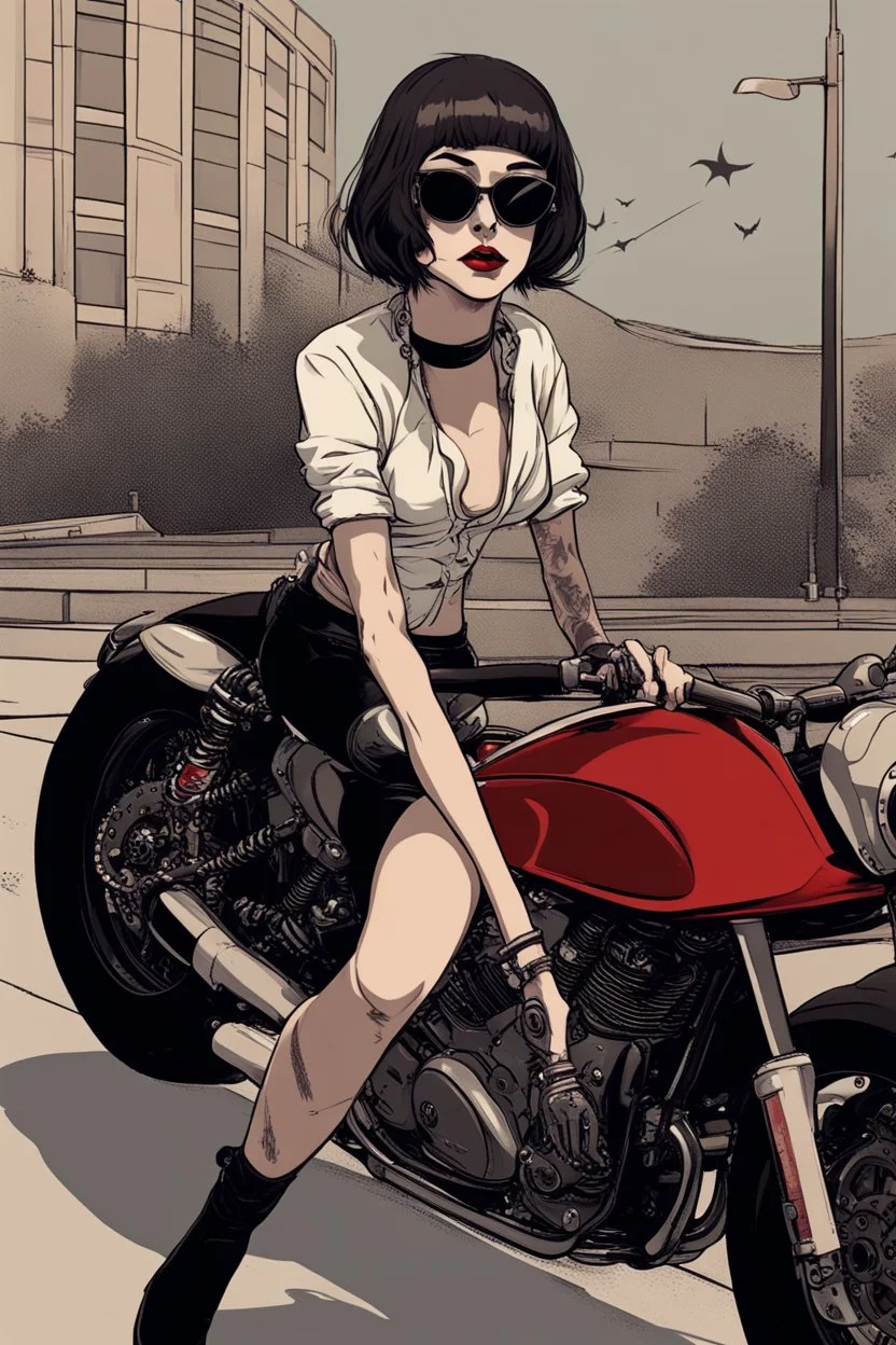 vampire girl with short cropped hair riding a cafe racer motorcycle