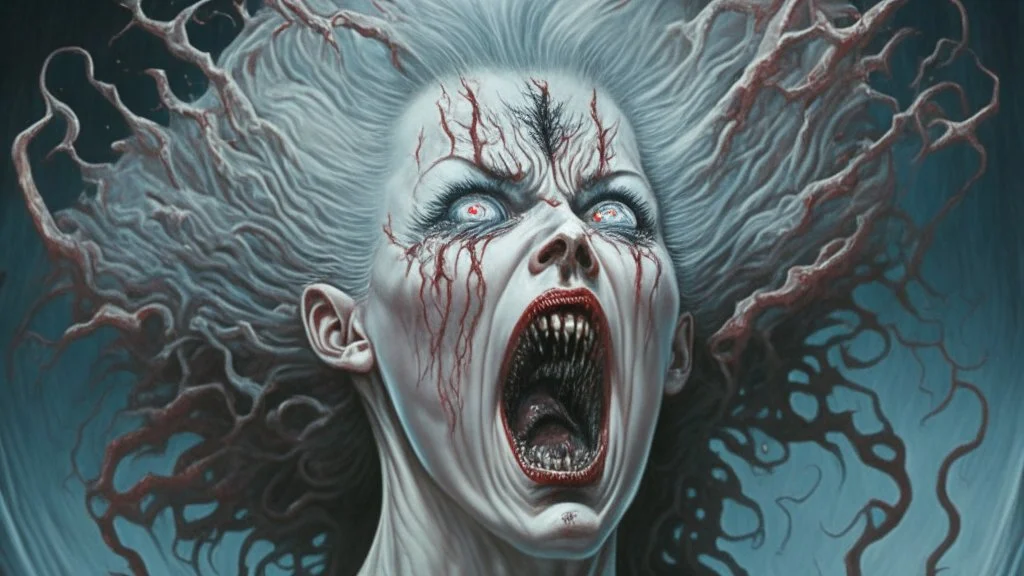 "The Wilhelm Scream of Imaginary Dead Wives" in the style of Michael Hussar and Walter Van Beirendoncks; features a ghostly figure of a woman with windblown crazy hair and mouth wide open in a scream, surrounded by intricate details such as twisted branches, ominous clouds, and hidden symbols. The image is meticulously crafted with an award-winning level of detail that invites the viewer to explore its mysterious depths.