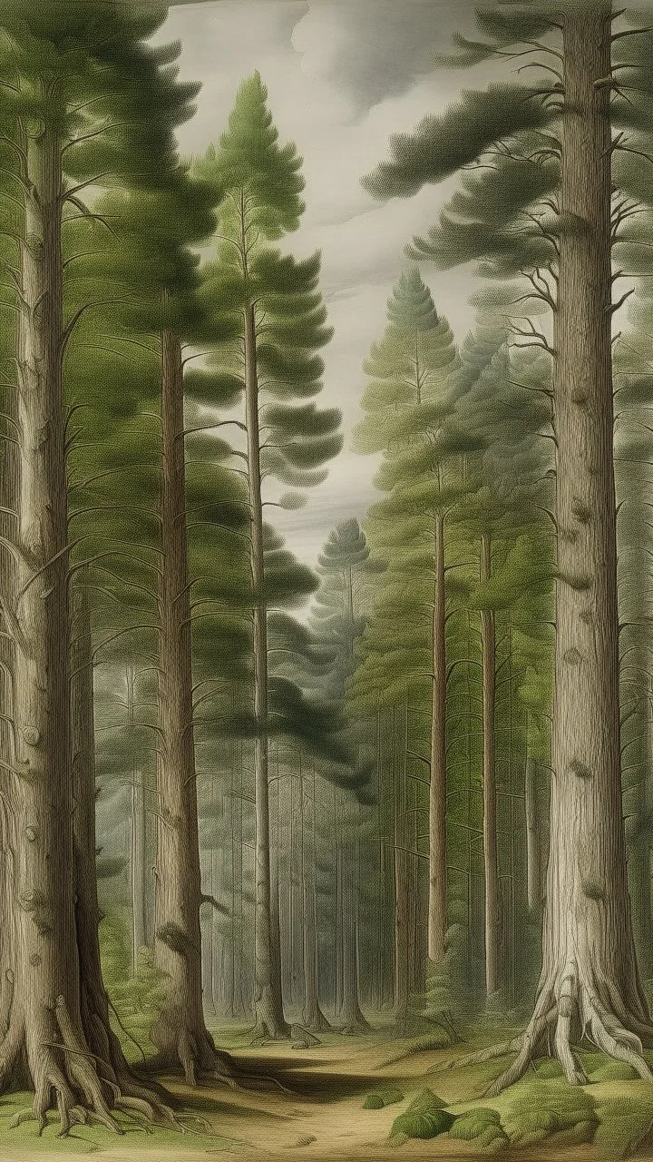 A grayish green forest with giant trees painted by Albrecht Durer