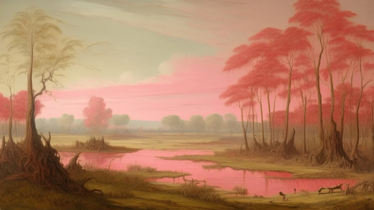 A pink swamp near a highway painted by Leonardo da Vinci
