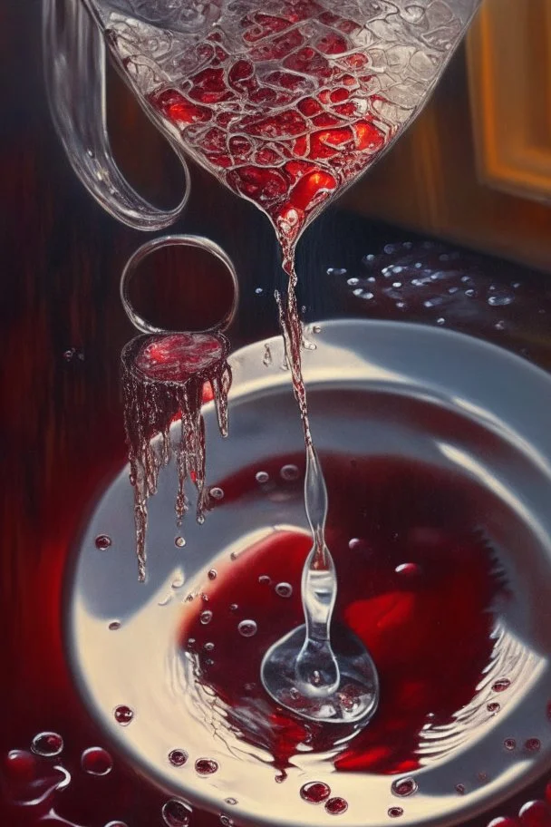 Wine drops from a fork looking down into a red wine glass in which a beautiful woman bathes on a modern kitchen counter, on embroidered lace, Hyper realistic, oil on canvas award winning fantastic view ultra detailed acrylic art Ultra realistic Impressionism Surrealism simen johan, sharp focus intricate oil on canvas cinematic lighting photorealistic high detail ultra detailed crisp quality in sunshine