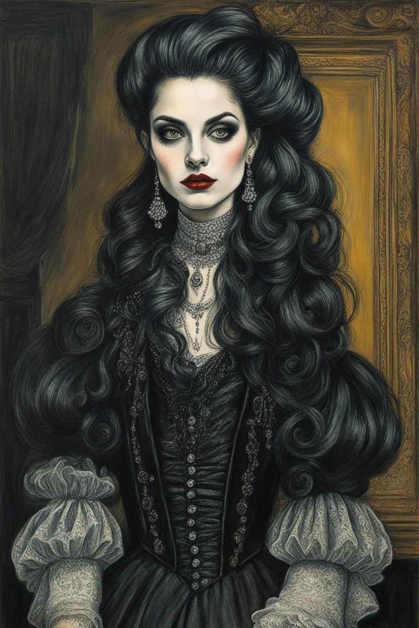 create a 3/4 profile, full body oil pastel of a dark haired, savage, ornately dressed, gothpunk vampire girl with highly detailed , sharply defined hair and facial features , in a smokey 19th century drawing room in the style of JOHN SINGER SARGENT