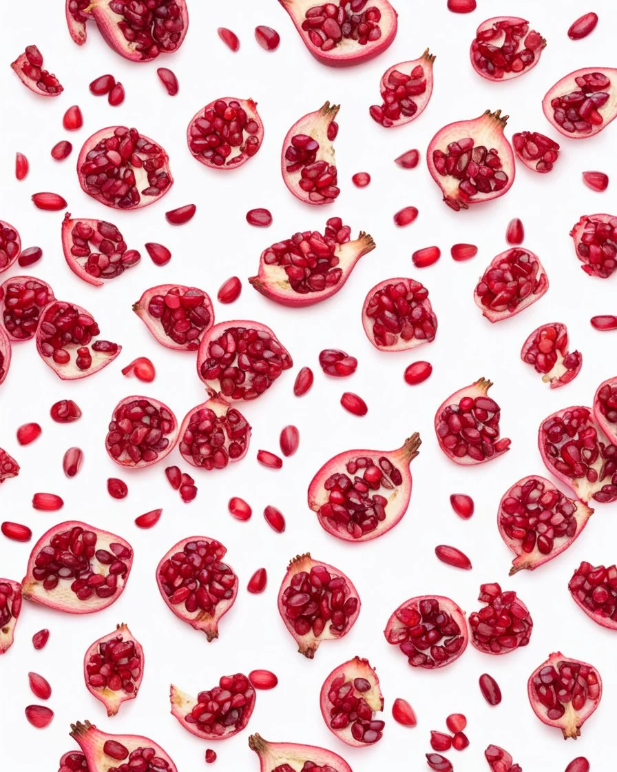 pomegranate seeds are scattered on a white background