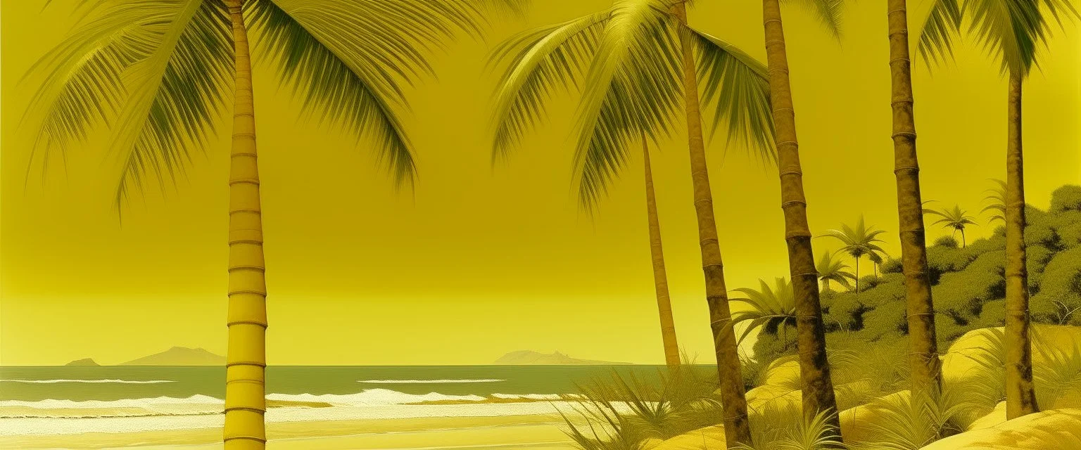 A golden yellow summer seashore with palm trees painted by John Brack