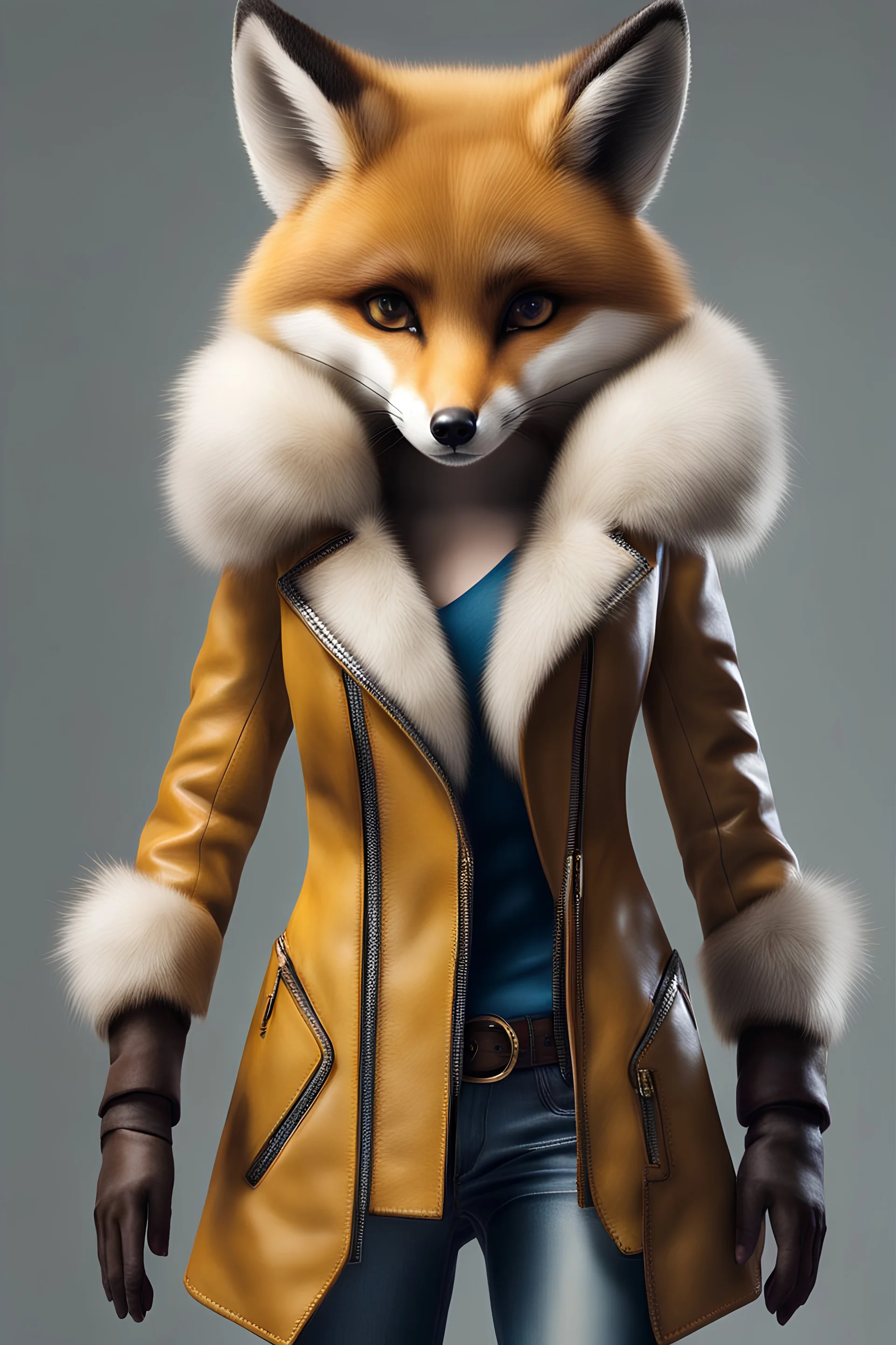 female anthropomorphic fox with, brown white fur, yellow leather jacket, blue pants, realistic, medieval, gritty