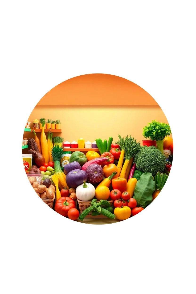 A design filled with ingredients found in the supermarket in the center using cheerful and vibrant colors.