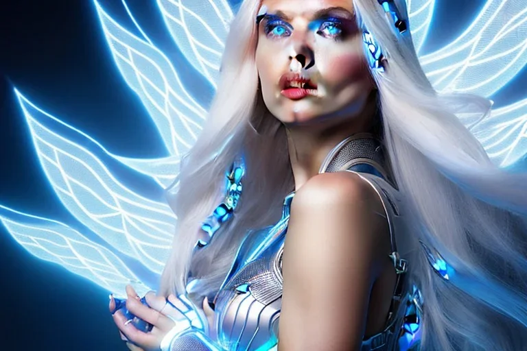 A beautiful portrait of a cute smiling cyber woman with wings, long blond platinum hair, luminous blue eyes, high key lighting, volumetric light high details with blue and white stripes white luminous celtic paterns, beam starry background