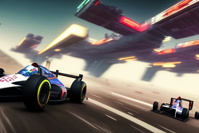 Futuristic formula racer, hovering above track, without wheels, cyberpunk style, fog