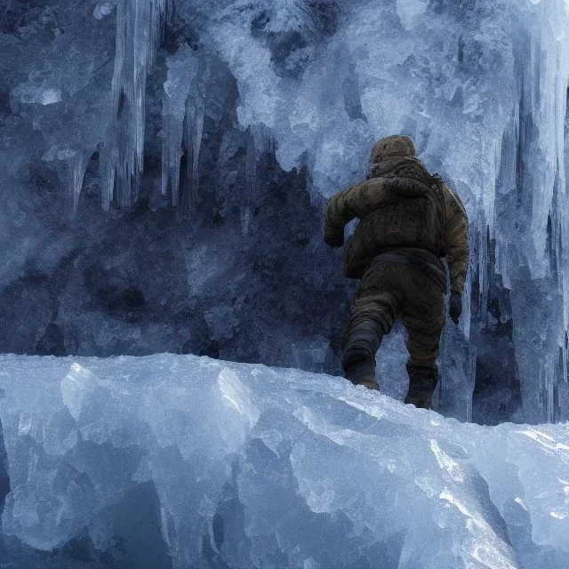 Tactical Marine Scaling an Icy Mountain Base, 8K Quality