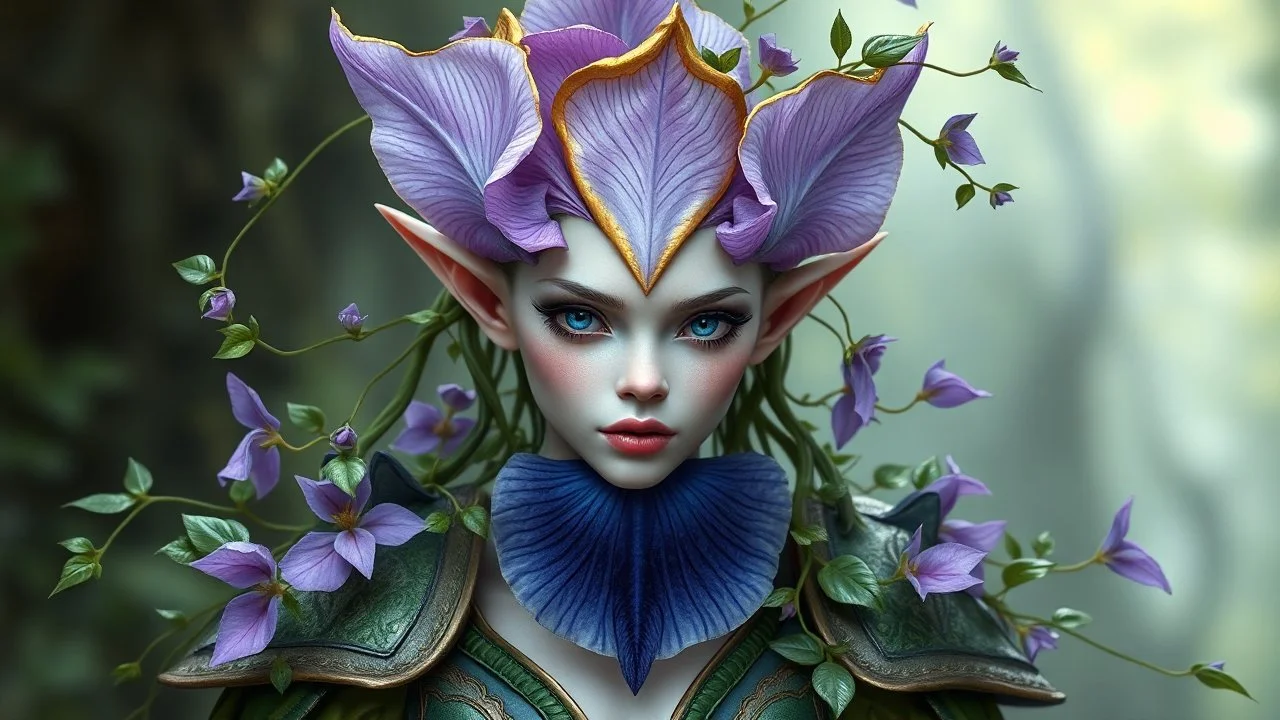 ivory skined flower elf single extra large lavender gold trimmed deep blue bottom iris flower top of head tons of vines trailing shoulders with tons of small leaves female blue eyes green leather armour small pointed ears