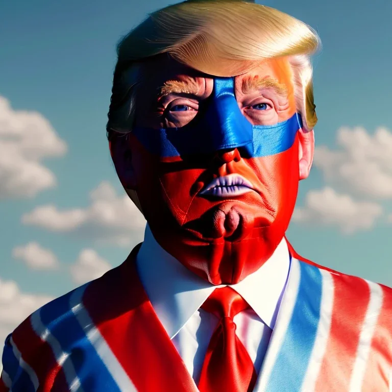 realistic image of donald trump as a mexican wrestling fighter posing outdoors, Mexican eyes wrestling mask, red and blue breeches, suspenders, retro style, 80s, vibrant color, highly detailed, sky background, concept art, unreal engine 5, god rays, ray tracing, RTX, lumen lighting, ultra detail, volumetric lighting, 3d, finely drawn, high definition, high resolution.