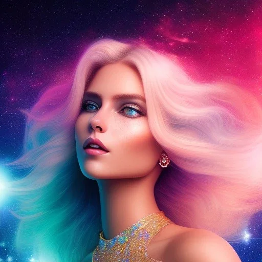 white woman glitter smiling long blond hair blue eyes in a galactic ambiance, delicate colors in the foreground, full of details, smooth, light effect，vaporwave colorful, smooth, extremely sharp detail, finely tuned detail, ultra high definition, 8 k, ultra sharp focus