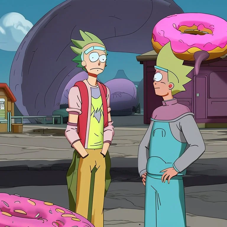 Morty staring at a giant pink donut, while Rick explains his plan to steal the recipe of the Krusty Burgers.