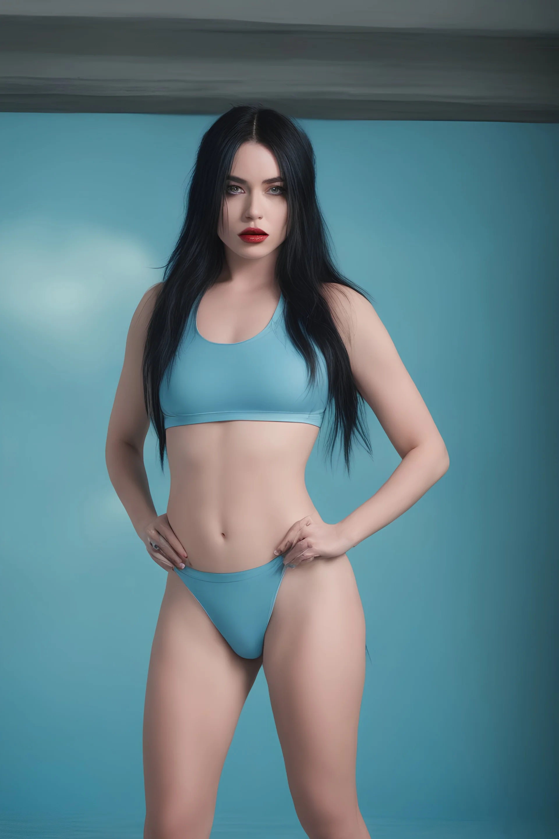 full body, Billie Eilish, Long, pitch-black hair, two ponytails, bangs cut straight across forehead, blue eyes, Dark, Sultry eyeshadow, eyeliner, mascara, rouge, lipstick, sky blue stained wall in the background, posing wearing an ill-fitting swimming suit, extremely muscular chest