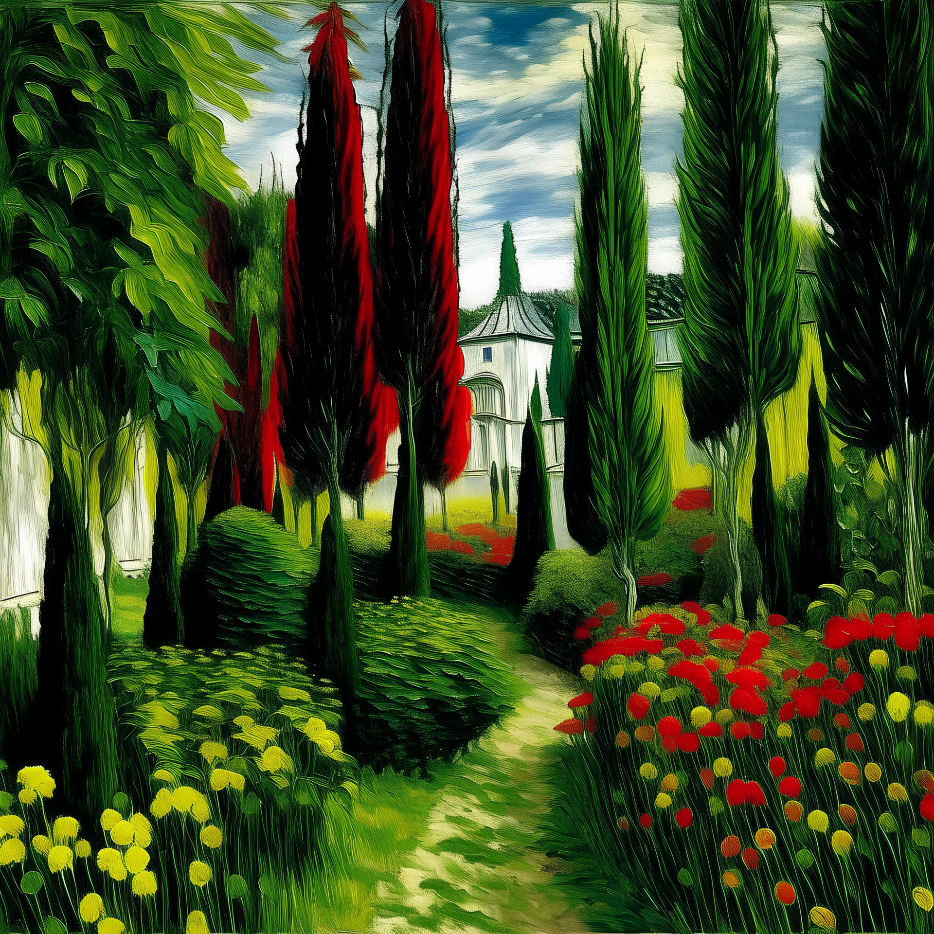 A garden filled with cypresses painted by Claude Monet