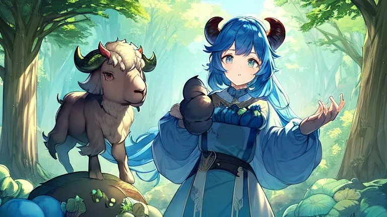 Two Girl goat horns, blue hair, clearing in forest, goat foot, cabbage in hand