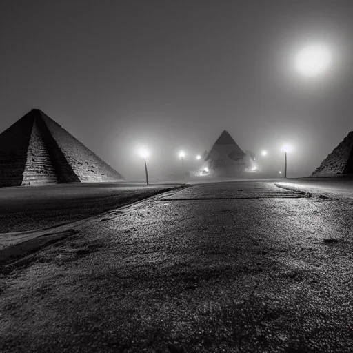  street view in night , Egyptian Pyramids, foggy, muddy, post apocalyptic