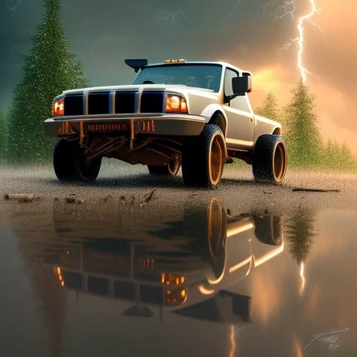 hyperrealistic shot, off-road truck, earth color palette, sharp focus, puddle reflection, tire water splash, refraction, rain and lightning on the horizon, shadowcast, detailed and intricate, cinematic composition, micro, tilt shift photography