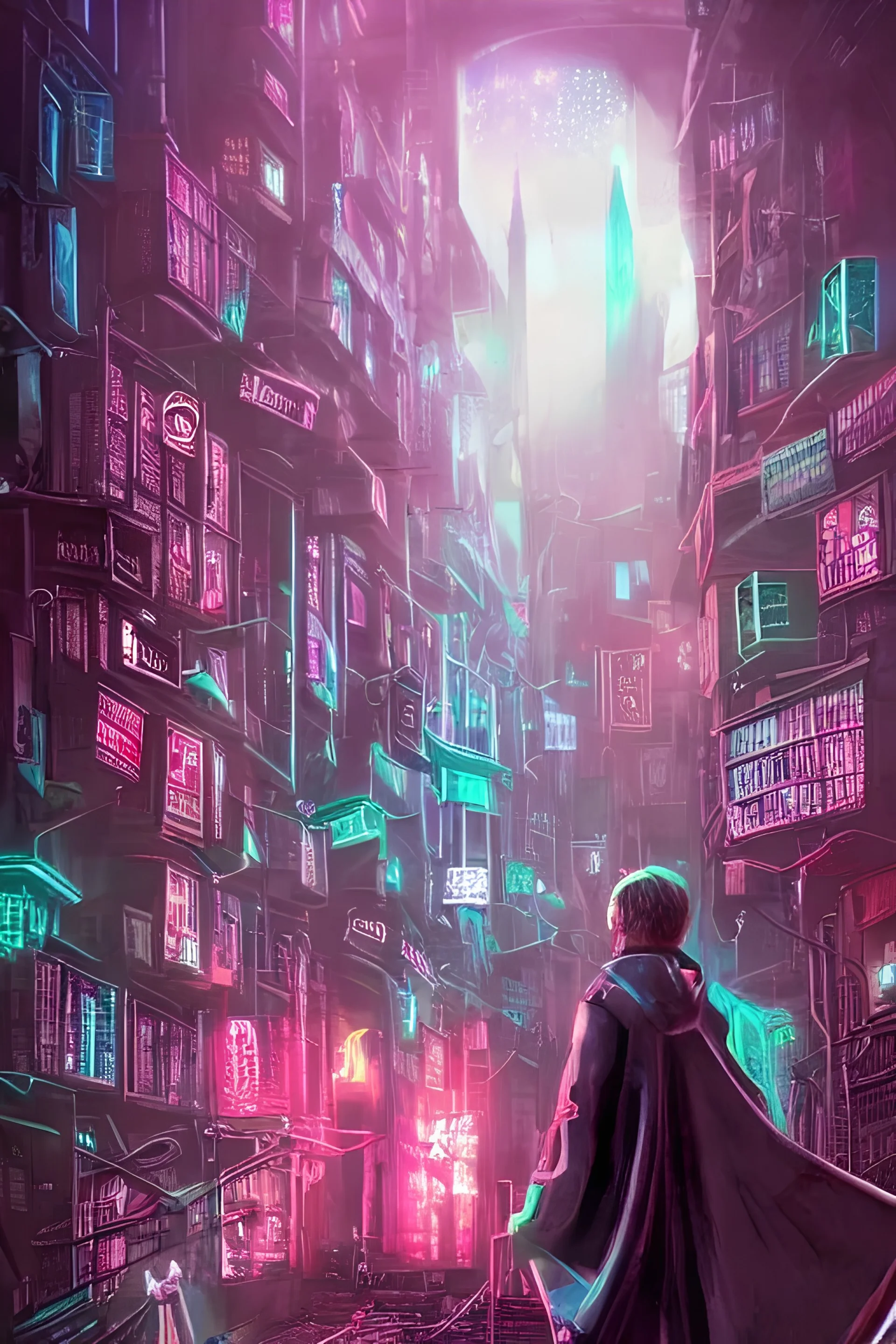 harry potter in cyberpunk, hogwarts 2077, neon, atmospheric, detailed, detailed illustration, hd, 4k, digital art, sharp focus, surrealistic, trending on artstation