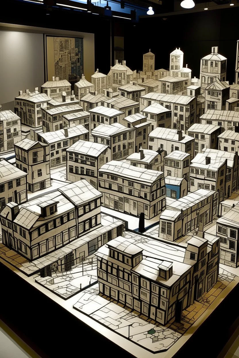 A white city made out of speaker boxes painted by Pieter Bruegel the Elder