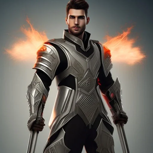  male fantasy super hero full body , with grey suit,sord in right hand fire effect , plain background 4k image