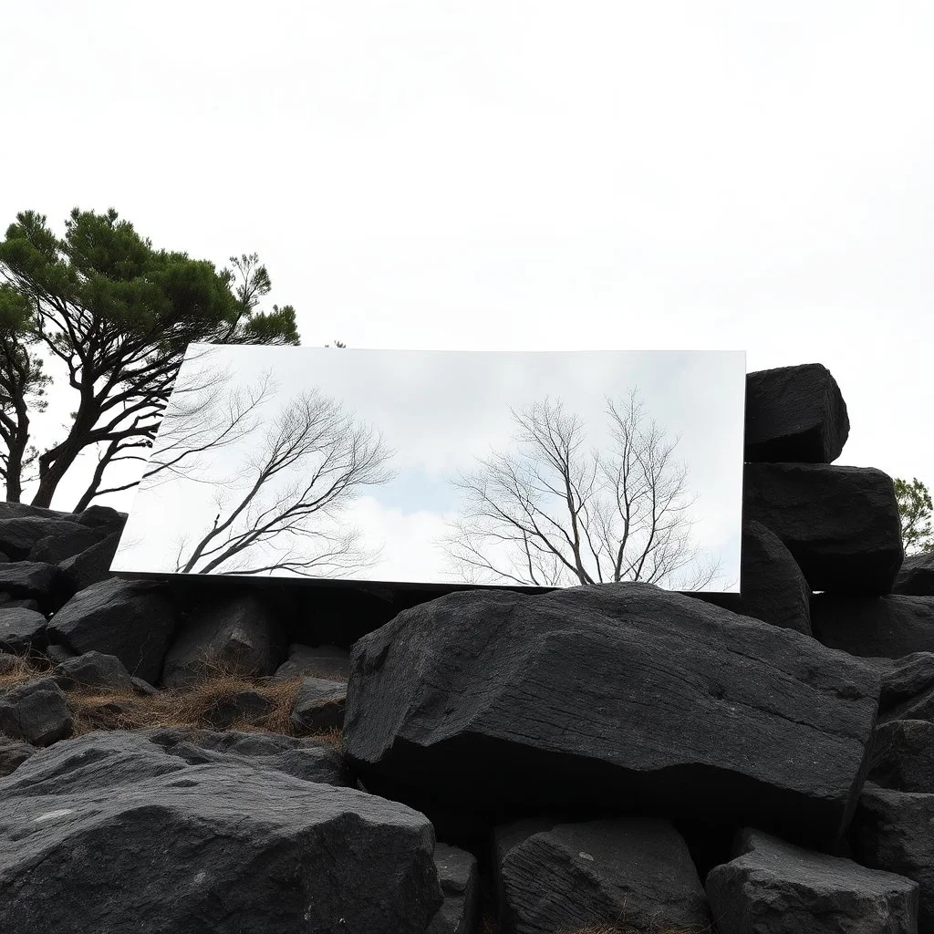 Un'immagine di un paesaggio naturale con strutture a parallelepipedo di roccia nera appoggiate le une sulle altre. Colori tenui, grigio-marrone. Contrasto tra il naturale e l'artificiale. Pannello di metallo riflettente mostra il cielo soprastante. La scena trasmette un senso di dialogo tra elementi organici. Dettagli delle rocce molto accentuati. Alberi