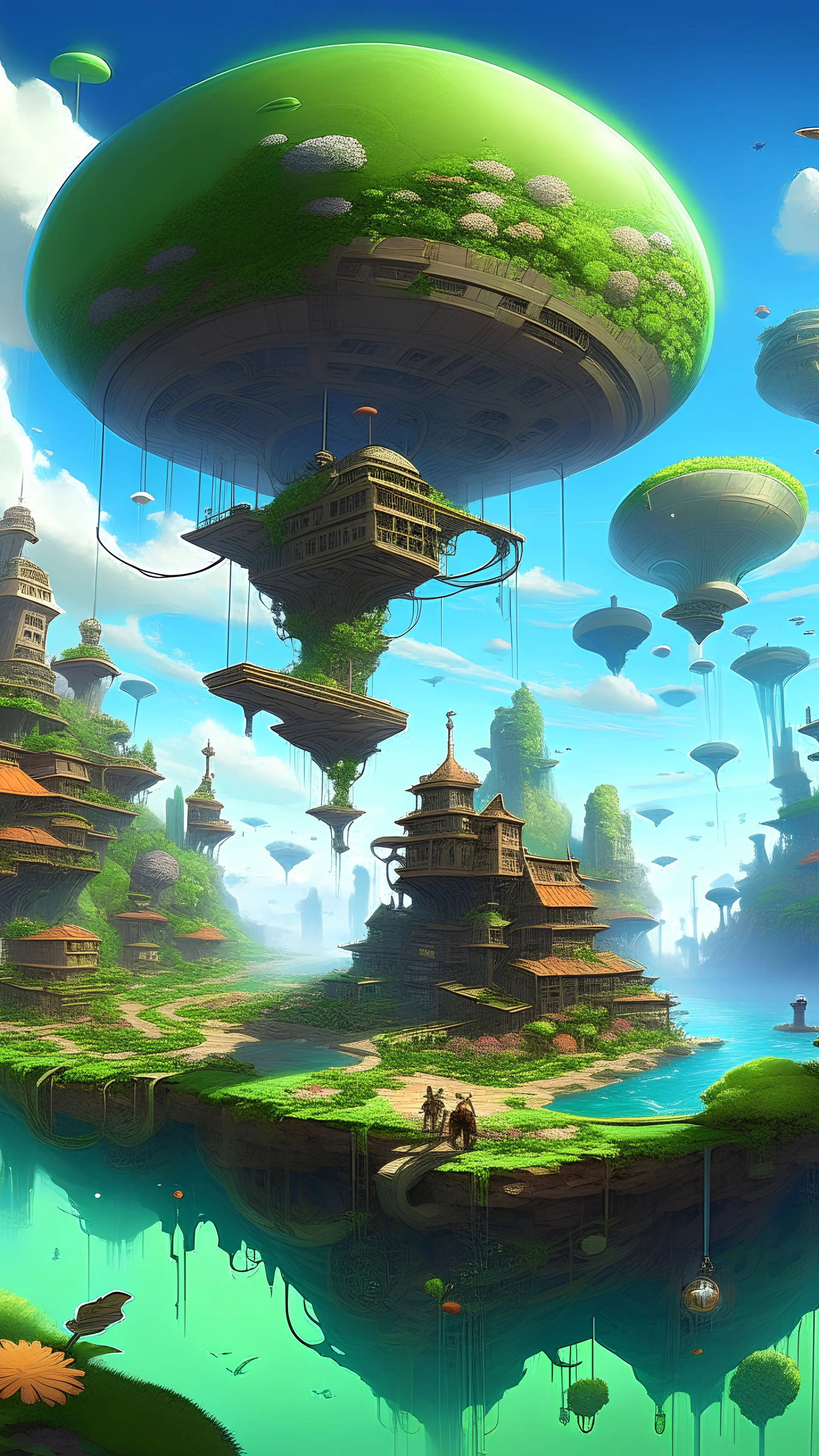 A captivating conceptual illustration of a bizarre parallel universe. It features a cityscape with floating islands, futuristic buildings with a mix of organic and mechanical designs, and levitating vehicles of all shapes and sizes. In the sky, there are flying creatures with a blend of reptilian and alien features. The ground is covered with unusual vegetation, and the overall atmosphere is a mix of fantasy, sci-fi, and a touch of steampunk Light and distinctive colors.