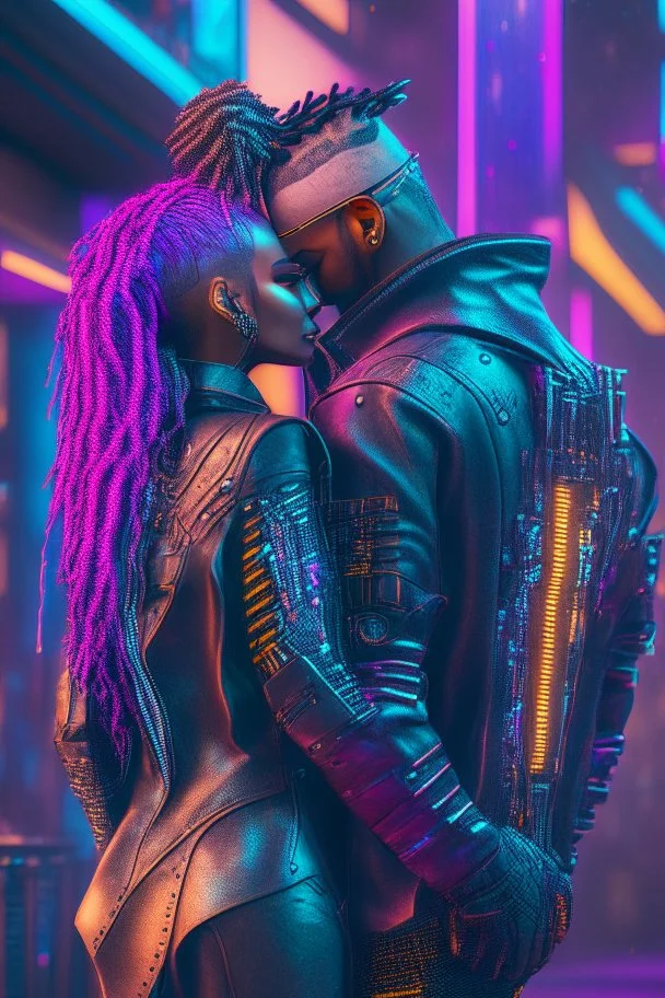 lovers deep colours in a cyberpunk setting, great pose,magnificent, majestic, highly intricate, Realistic photography, incredibly detailed, ultra high resolution, 8k, complex 3d render, cinema 4d.