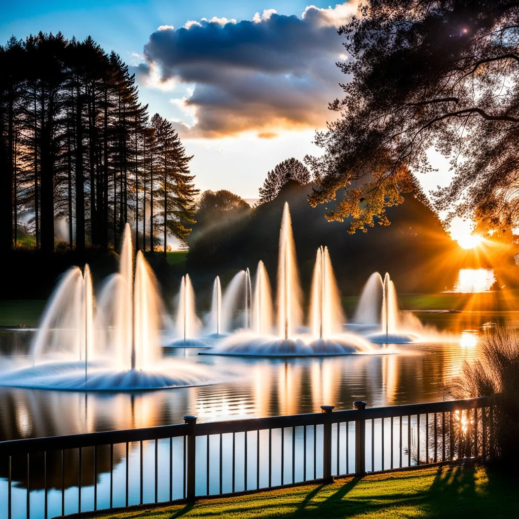 camera captures full scene of where 12 fountains in a small sea shoot water jets in sky and splashes of water ,in country side,pretty cloudy sky ,moving clouds and godrayes sunset,swans and duks in water .