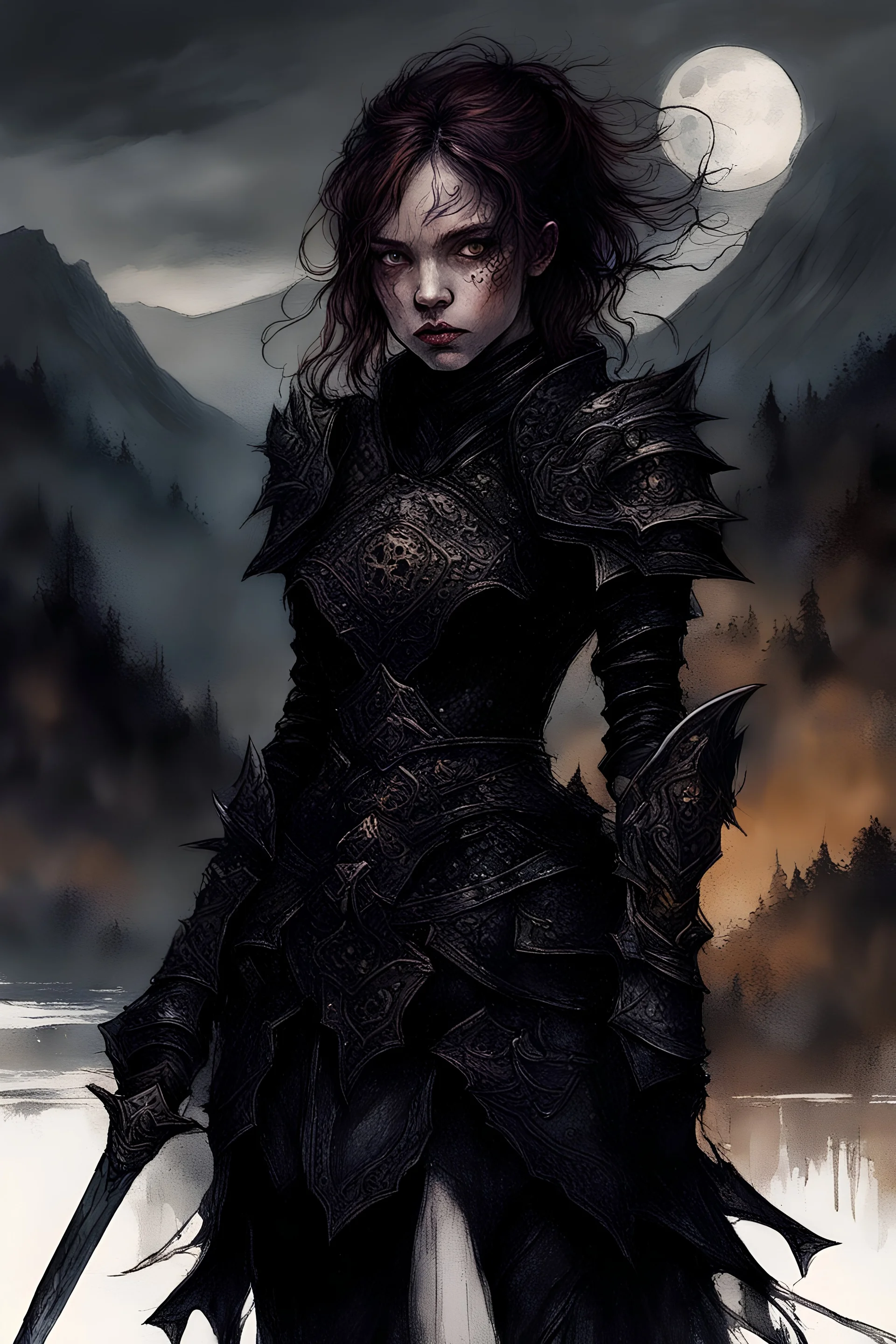 A formidable warrior girl in black armor, against the background of an amazing gloomy landscape, flooded with the light of two moons, mountains, trees, a fabulous scary landscape, juicy emotions, painting, dark fantasy, gloomy day, dark world, portrait, Gothic Town At Night, Fantasy, Intricate Details, Castle Courtyard Gardens, Hyper Detailed, Jean Baptiste Monge, Carne Griffiths, Michael Garmash, Seb Mckinnon, Masterpiece