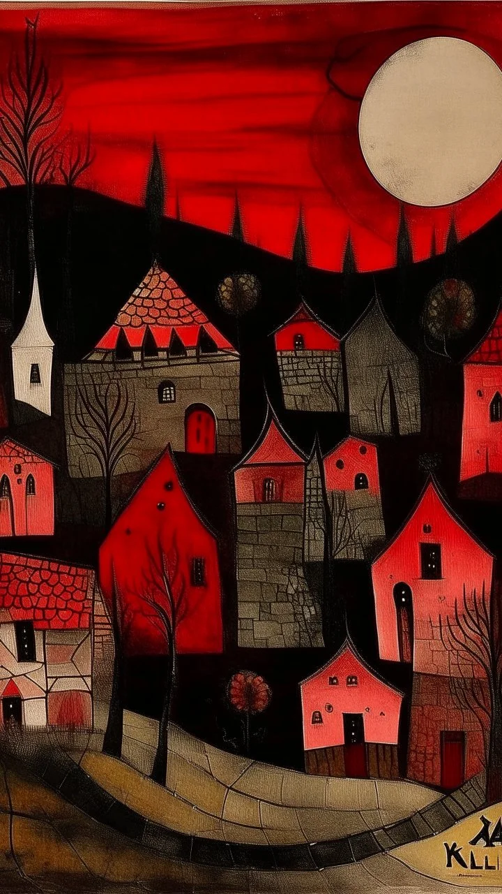 A dark red village near a vampire chateau designed in Javanese shadow puppets painted by Paul Klee